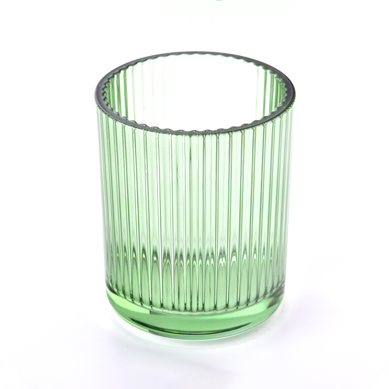 Luxury transparent green glass candle jar 440ml vertical line for home deco