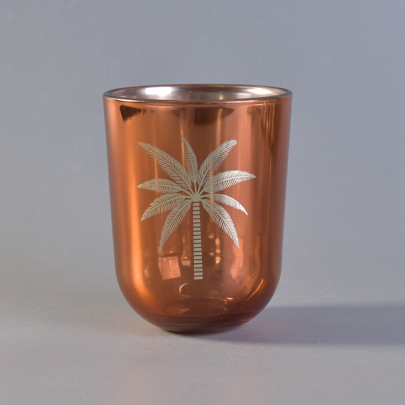 Gold electroplated glass candle jar with coconut tree pattern 