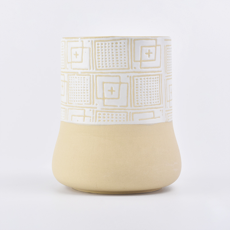 Home decoration cylinder round bottom totem pattern yellow ceramic candle jar