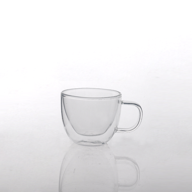 Short double-wall glass mug with handle
