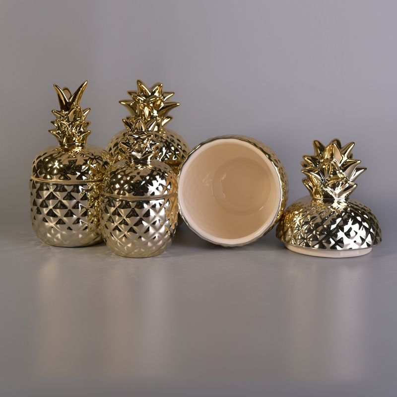 Gold Electroplating Pineapple Ceramic Candle Container