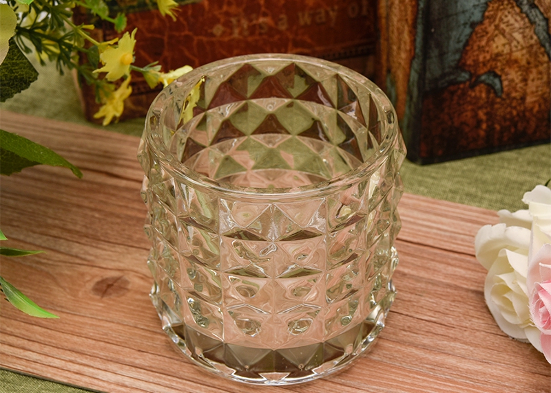 Embossed diamond glass candle holder jar home decoration wholesales