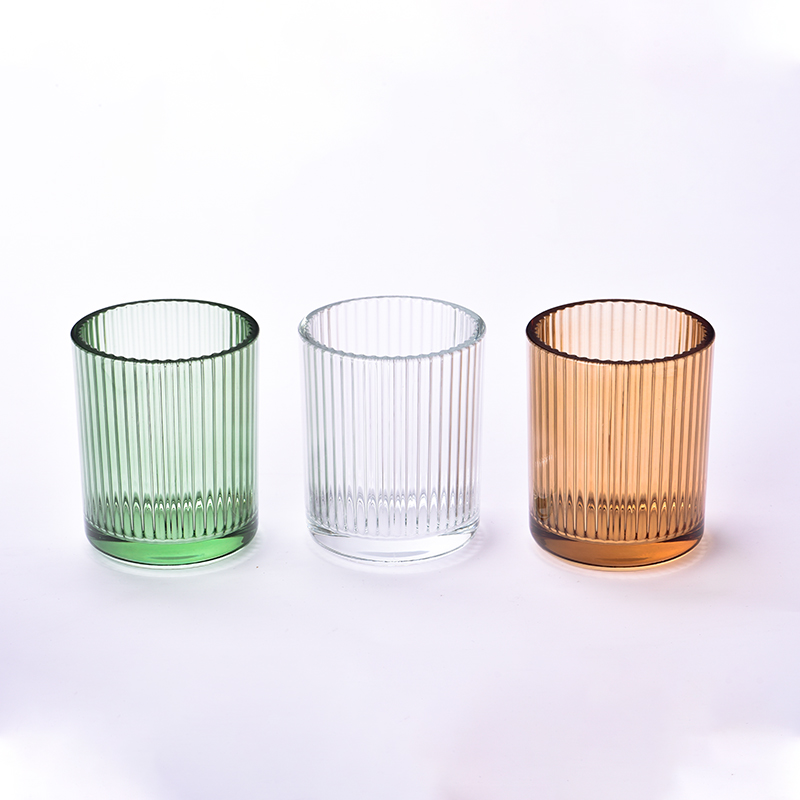 Luxury transparent green glass candle jar 440ml vertical line for home deco