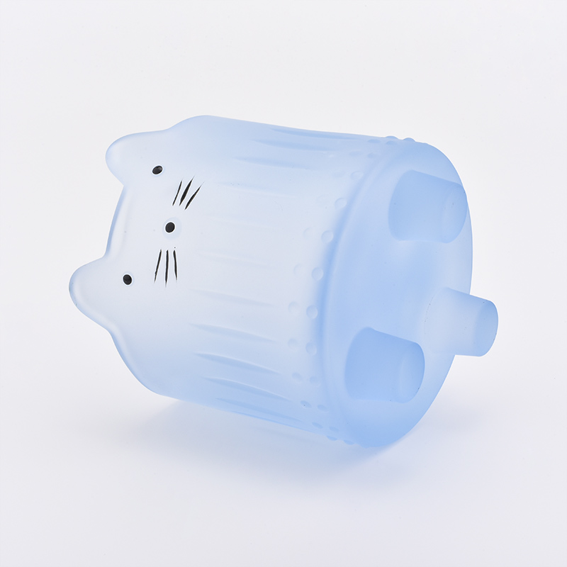 400ml lovely cat face glass candle holder with matte blue color