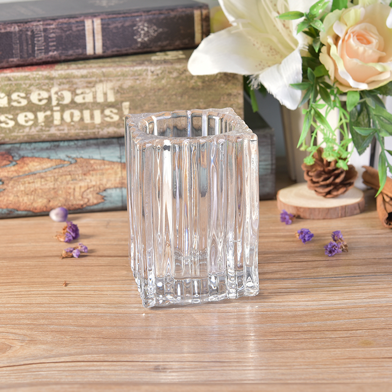 Vertical stripe embossed square clear glass candle holder 