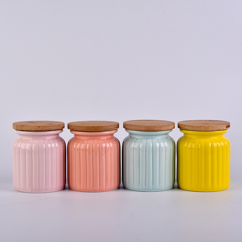 Colored stripe ceramic candle holder with lid wholesales