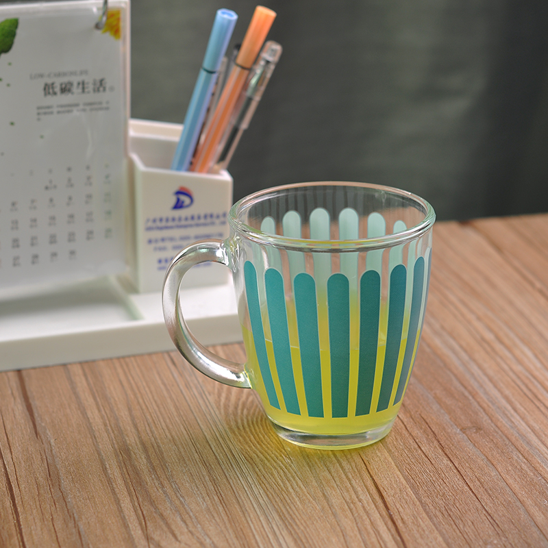 Glass mug with blue stripe painting