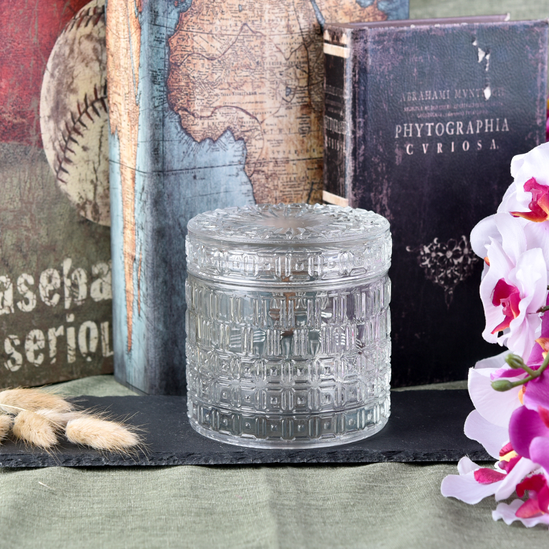 Hurricane cylinder embossed glass candle holder with lid 