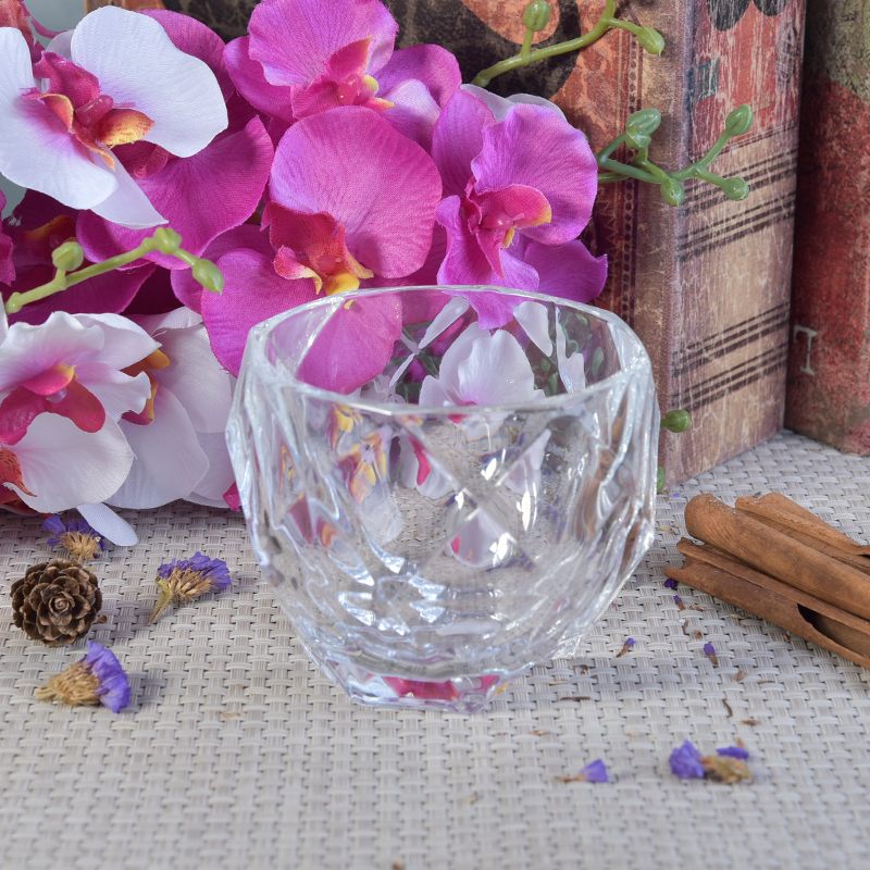 Diamond cut crystal round glass candle holders