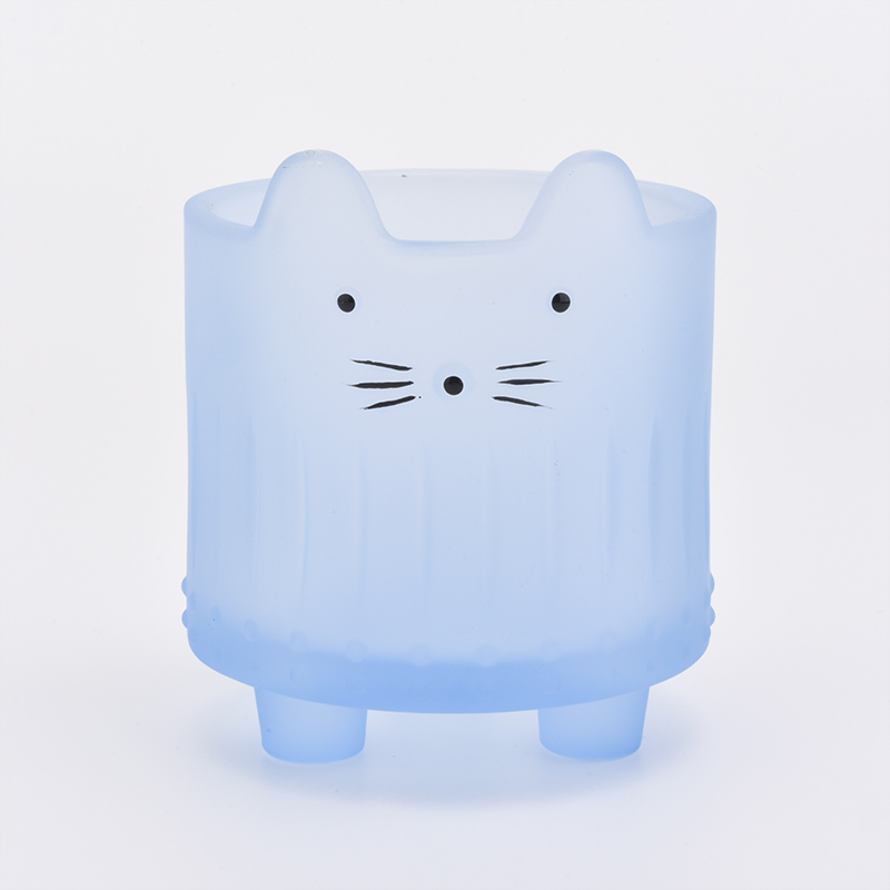 400ml lovely cat face glass candle holder with matte blue color