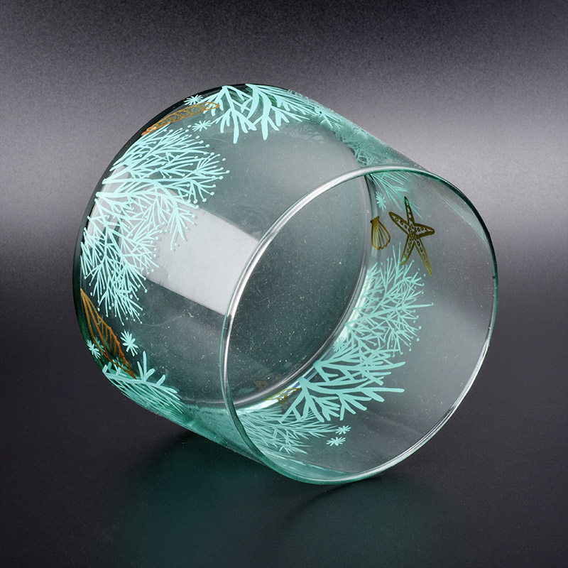glass candle vessel with sea grass painting