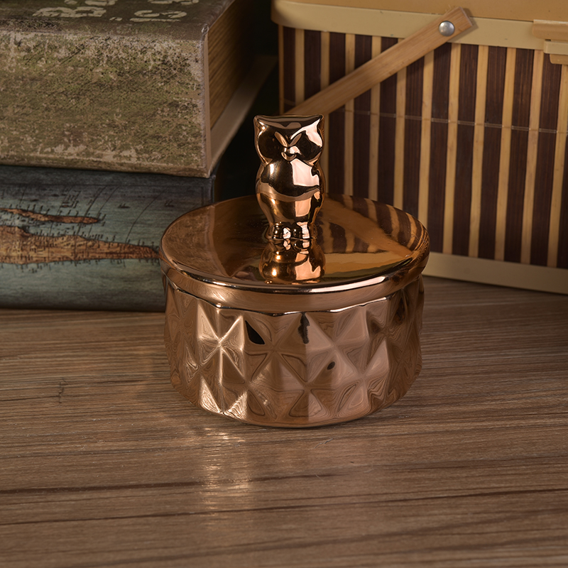 rose gold plating ceramic candle jar with owl shape lid rose gold plating ceramic candle jar with owl shape lid