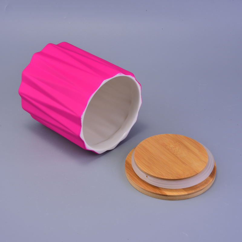 Pink cylinder ceramic candle holder with wood lid