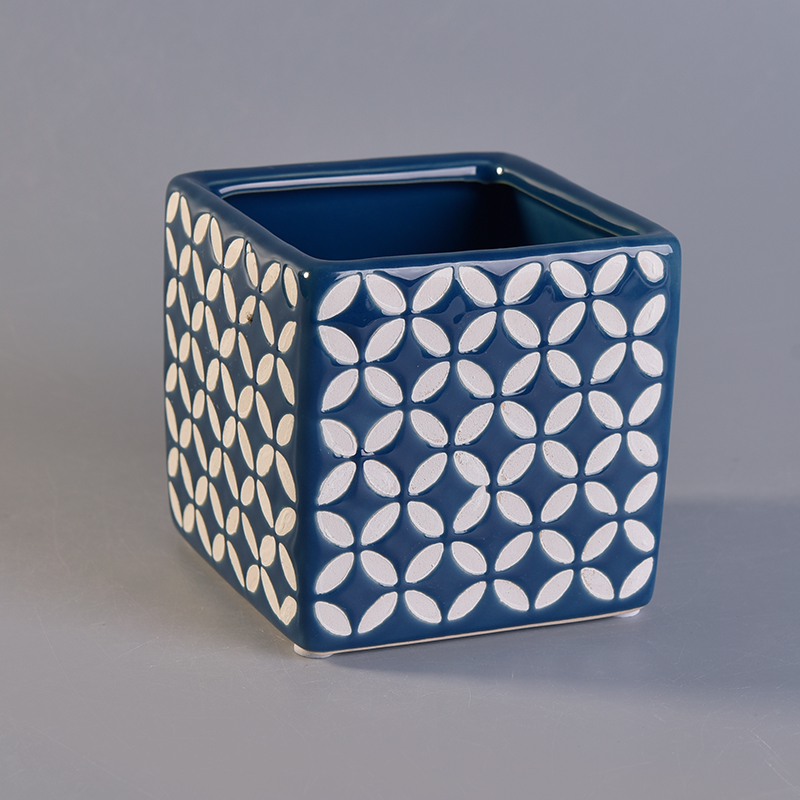 blue ceramic candle jar with white printing pattern blue ceramic candle jar with white printing pattern