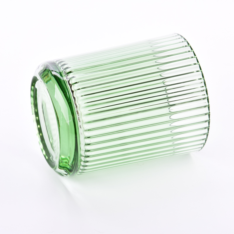 Luxury transparent green glass candle jar 440ml vertical line for home deco