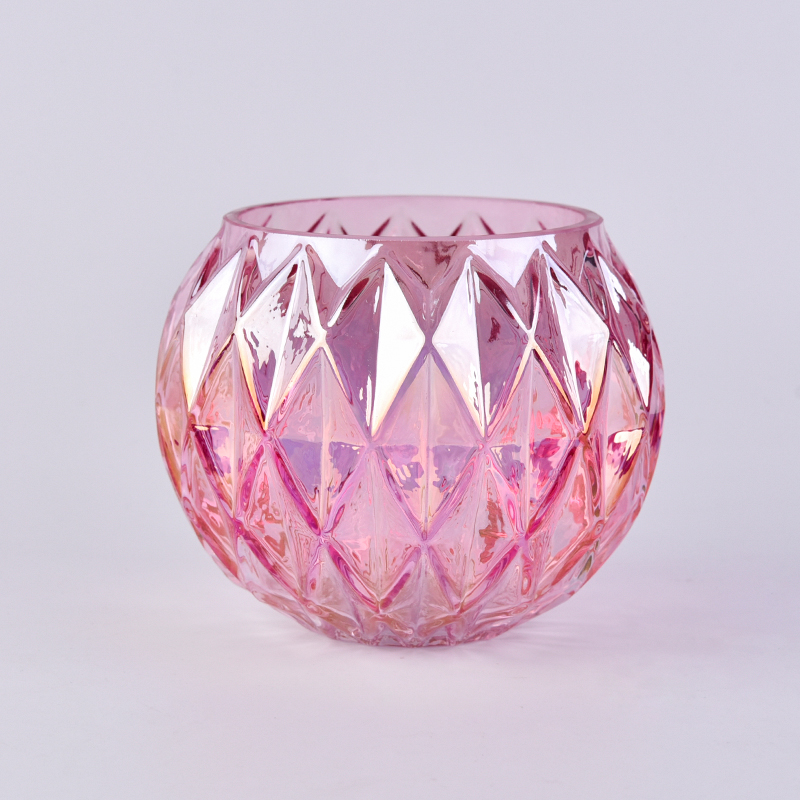 Pink electroplated geometric pattern embossed glass candle jar 