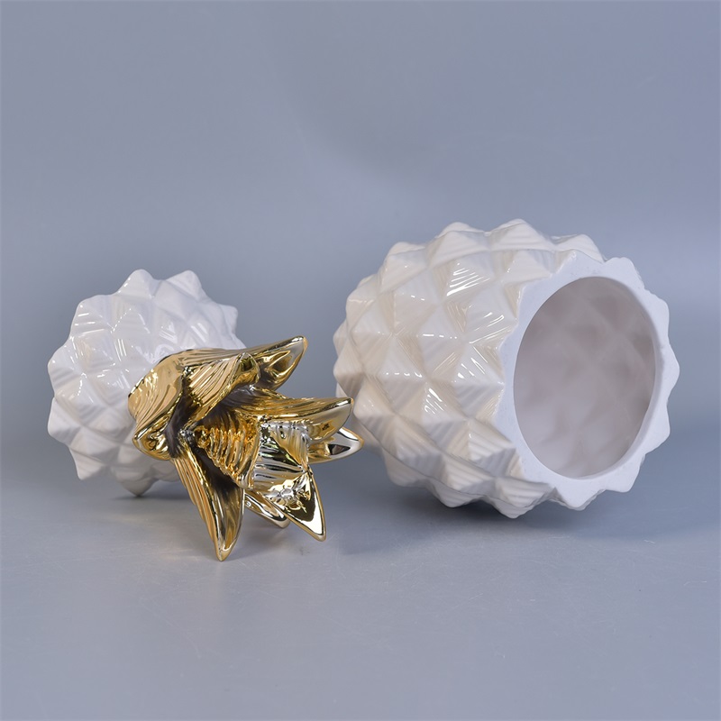 white pineapple shape ceramic jar with gold lid