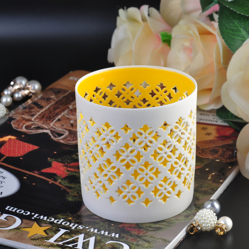 White hollow-out ceramic candle holder vessel flower pattern yellow inner
White hollow-out ceramic candle holder vessel flower pattern yellow inner