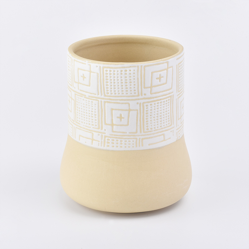 Home decoration cylinder round bottom totem pattern yellow ceramic candle jar