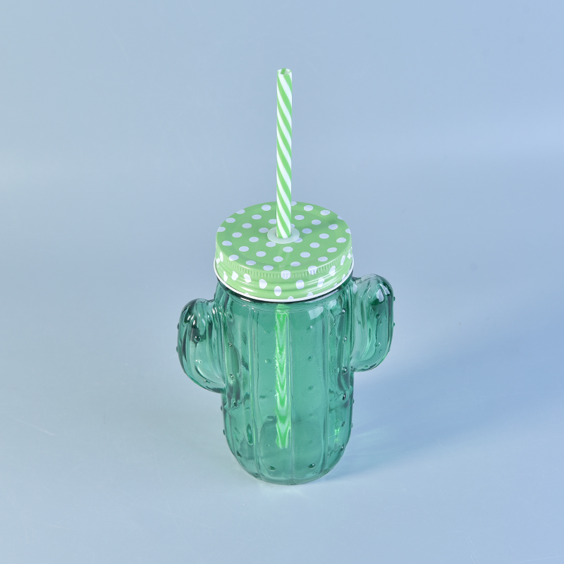 Creative cactus glass beverage bottle with straw and lid