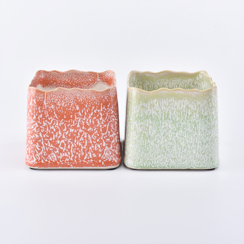 Green transmutation glazed square ceramic candle holder