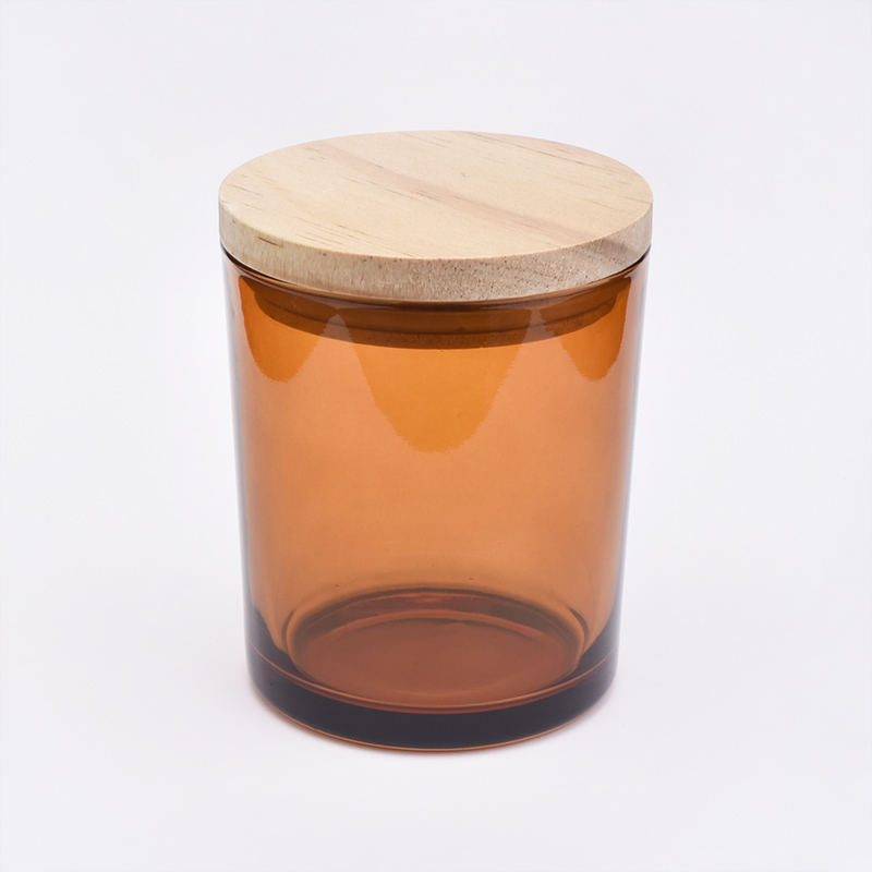 Brown Amber Glass Candle Jar With Wooden Lids