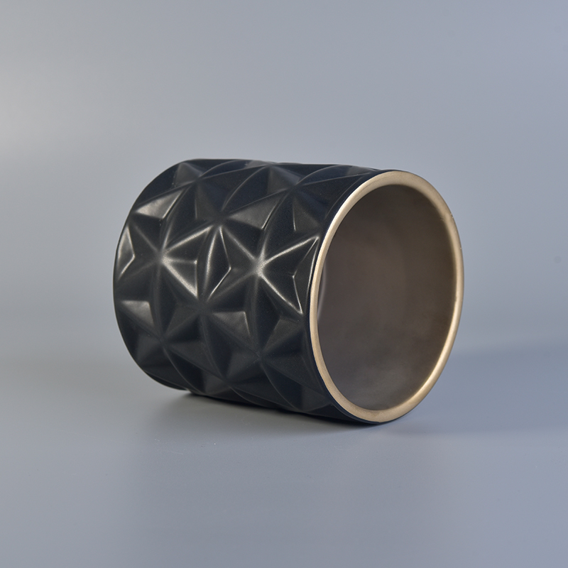 Luxury Matte Black Embossed Ceramic Candle Jar