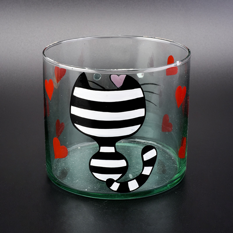 100mm dia cylinder glass candle holder with hand drawing cat