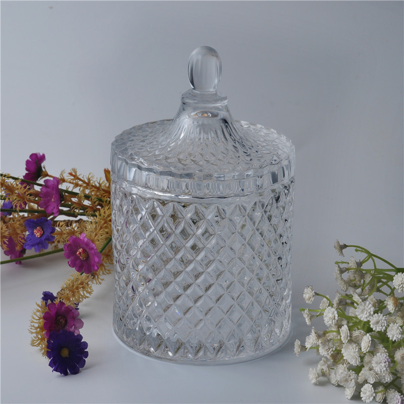 Crystal diamond emboss glass candle vessels jar with lid