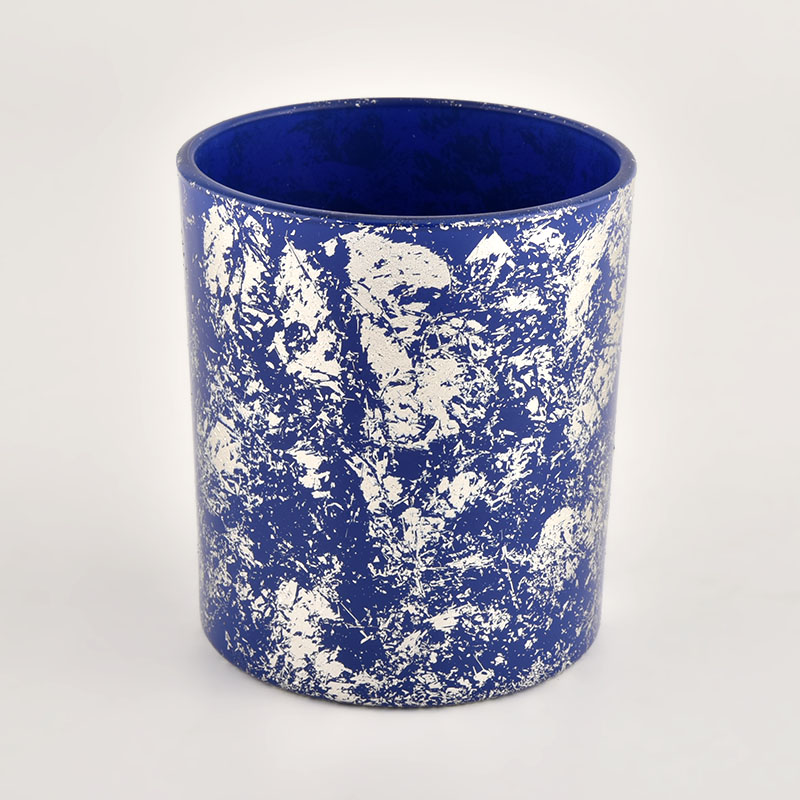 Glass vessels for candles white printing dust with bule candle container Glass vessels for candles white printing dust with bule candle container