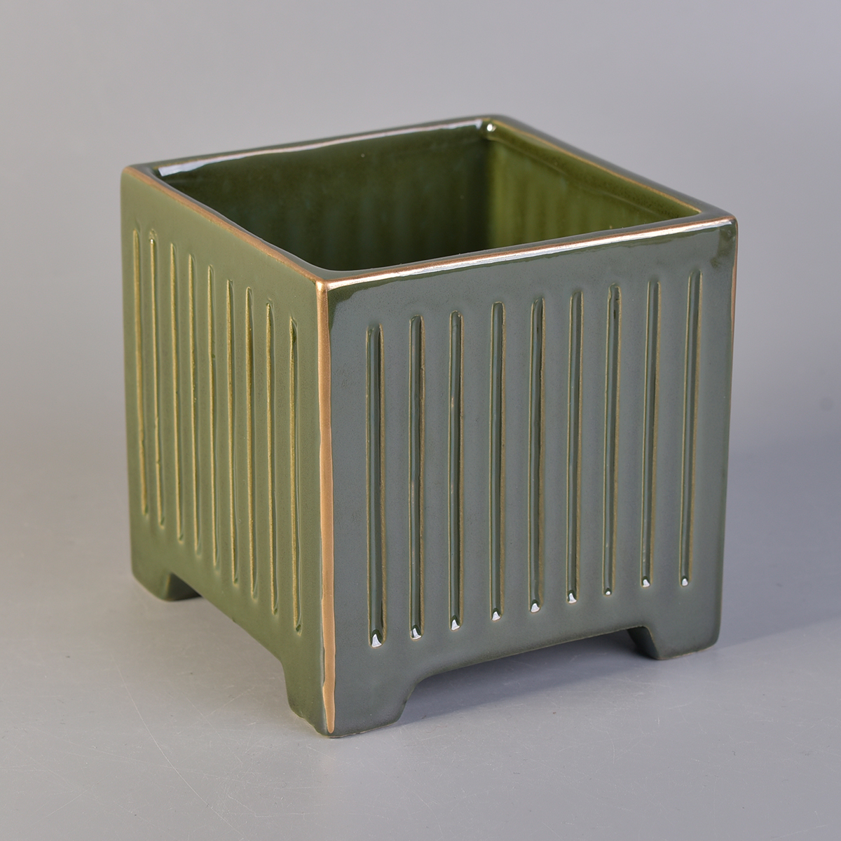 square ceramic candle jar in green