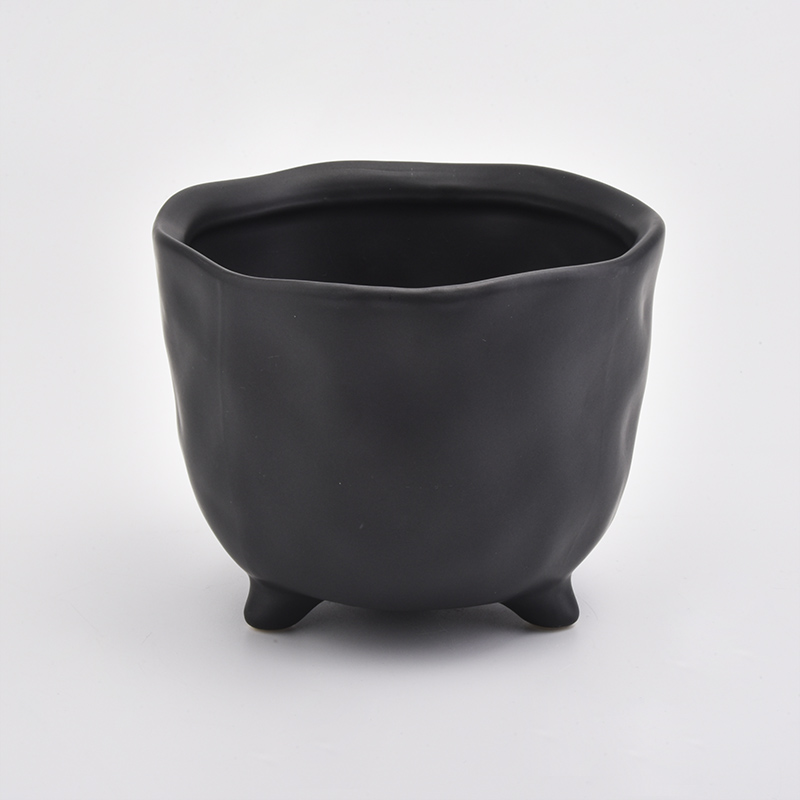 Matte Black Ceramic Jar Footed Ceramic Candle Holder Home Decoration