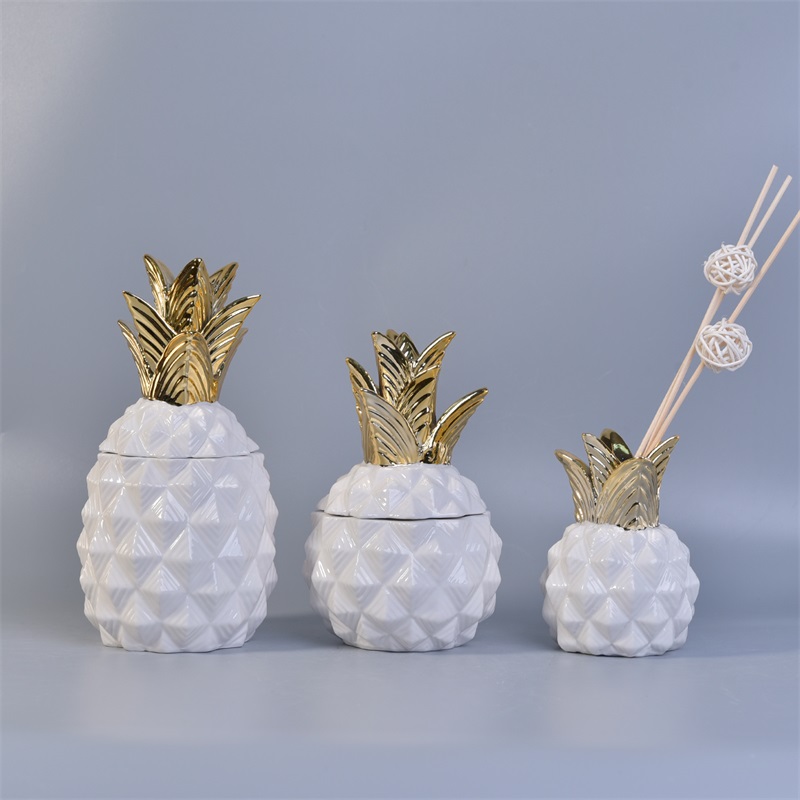 white pineapple shape ceramic jar with gold lid