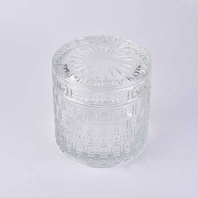Hurricane cylinder embossed glass candle holder with lid 