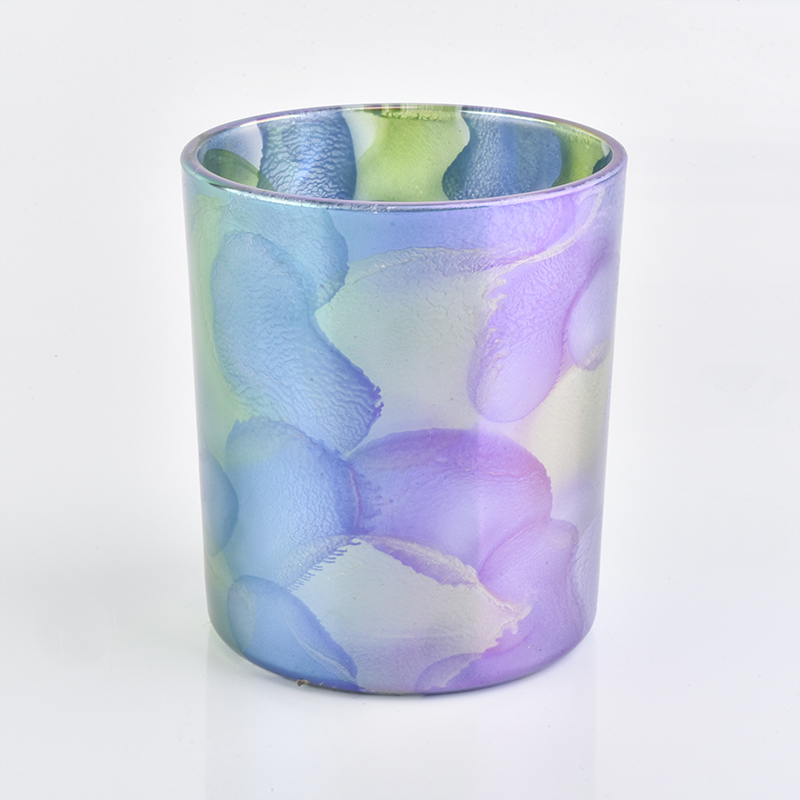 glass candle holder with blue purple painting