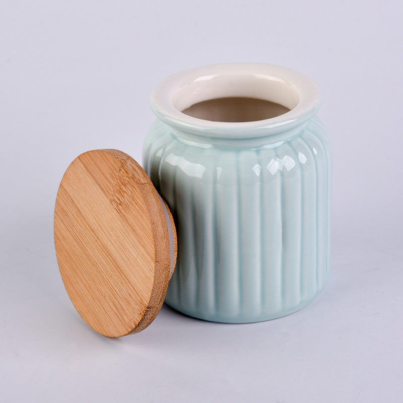Blue ceramic jar with wood lid 300ml cylinder storage jar