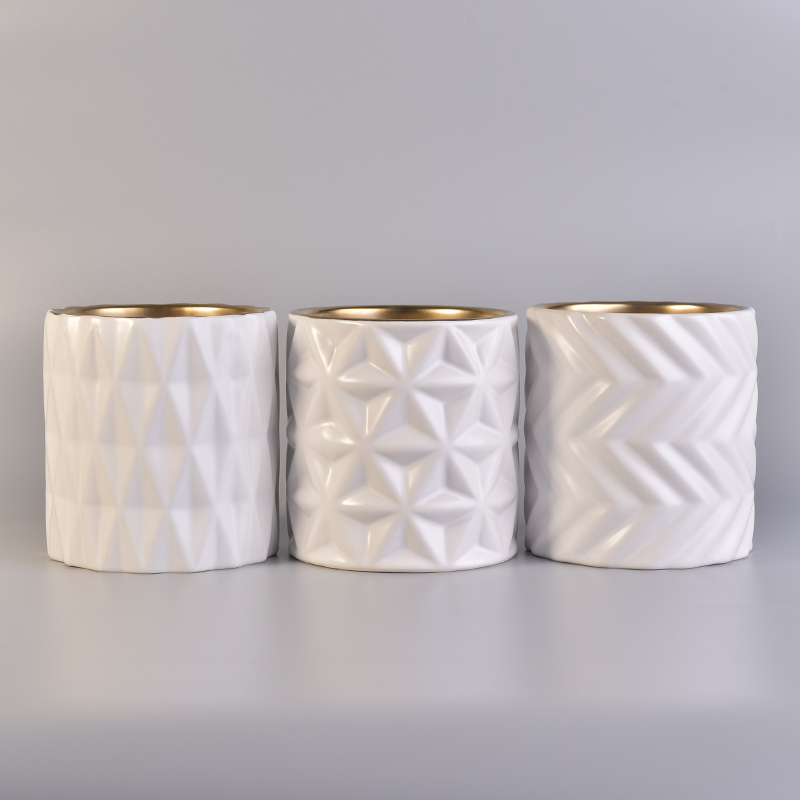 White Embossed Ceramic Candle Holder with Golden Inside  