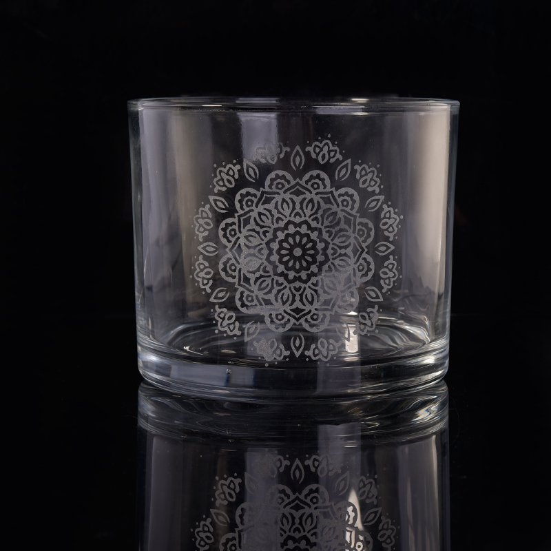 Cylinder glass candle jar with flower decoration sculpture