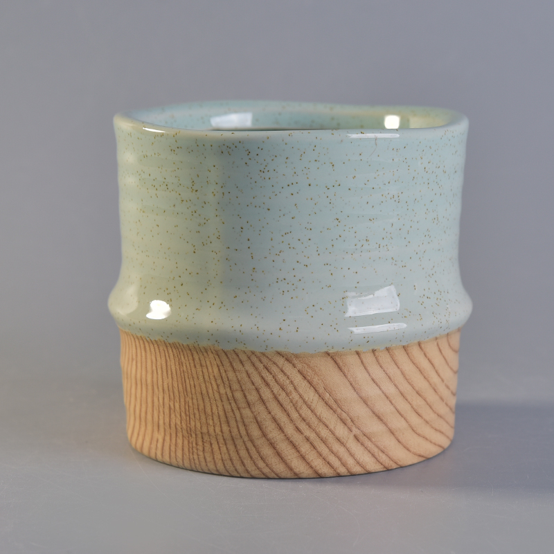 Green glaze ceramic candle holder with wooden bottom popular in market Green glaze ceramic candle holder with wooden bottom popular in market