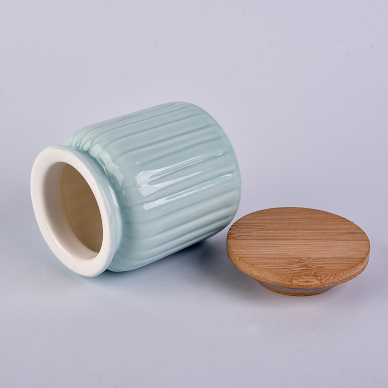 Blue ceramic jar with wood lid 300ml cylinder storage jar