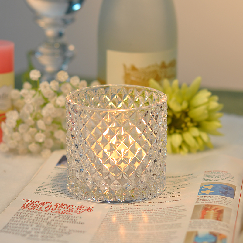diamond pattern cylinder glass candle holder 8 oz wax capacity