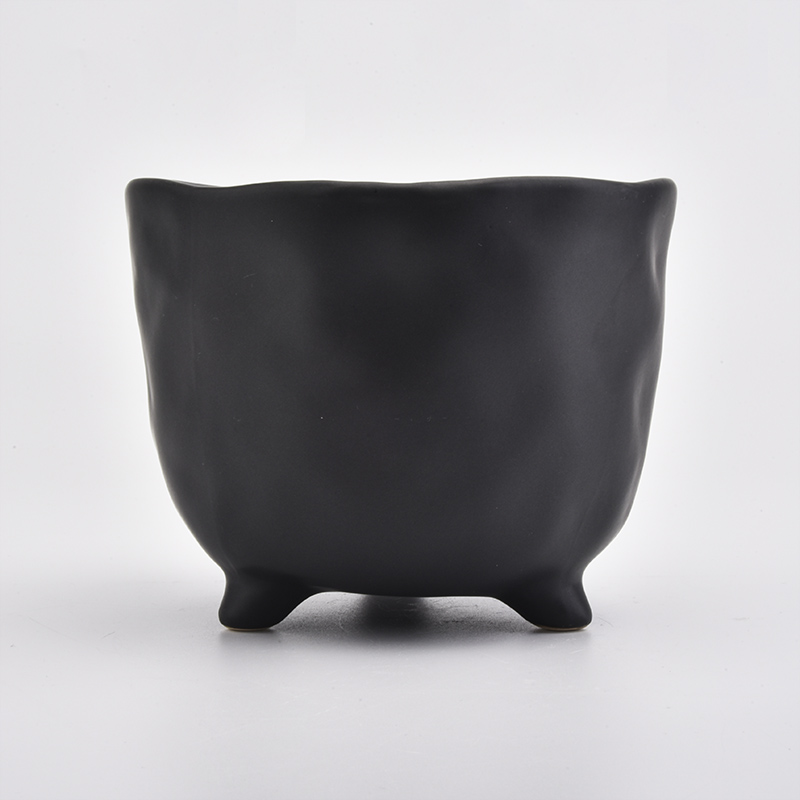 Matte Black Ceramic Jar Footed Ceramic Candle Holder Home Decoration