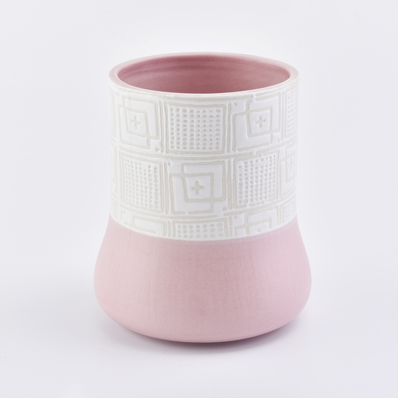 Home decoration cylinder round bottom totem pattern pink ceramic candle jar