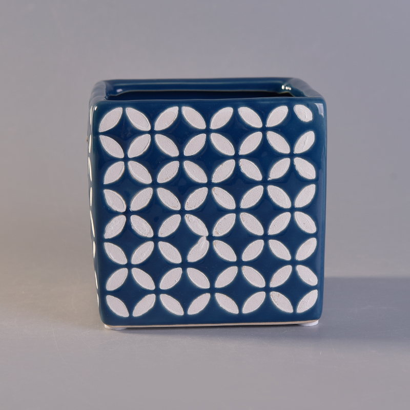 blue ceramic candle jar with white printing pattern blue ceramic candle jar with white printing pattern