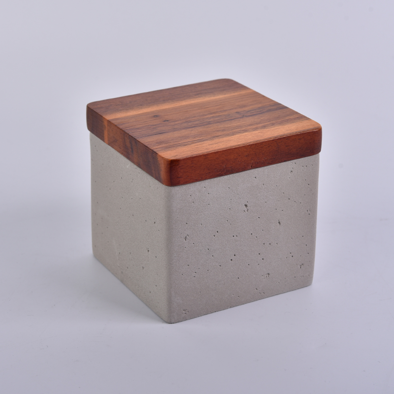 Square concrete candle jar or storage jar with Acacia mangium lid