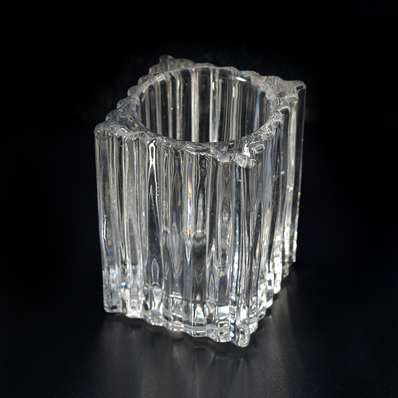 Vertical stripe embossed square clear glass candle holder 