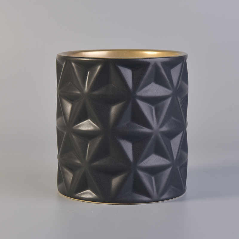 Luxury Matte Black Embossed Ceramic Candle Jar