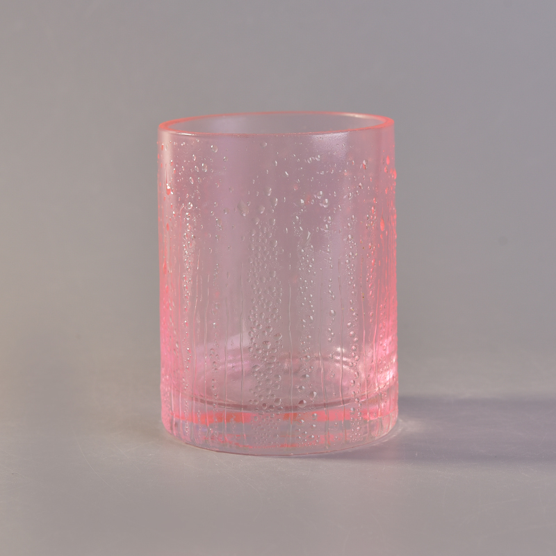 Raindrop effect spray pink color glass candle holder