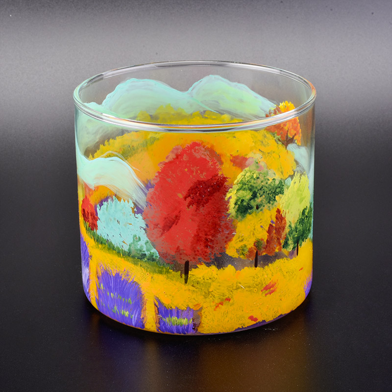 Hand painting glass candle holder oil color pattern wholesale 15oz