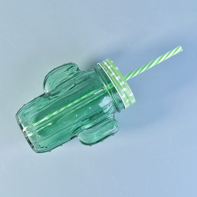 Creative cactus glass beverage bottle with straw and lid